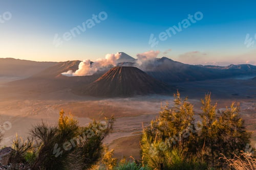 Preview: Sunrise view of the Bromo, Batok and Semeru volcanoes, Tengger Caldera, East Java, Indonesia