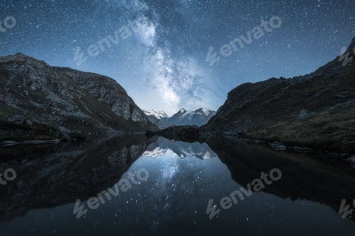 Preview: Nightscape with milky way reflecting in a mountain lake and snowy mountain range in the background