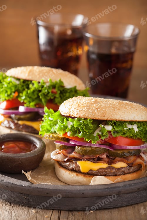 Preview: bacon cheese burger with pickles tomato onion