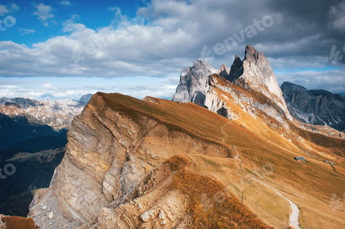 Preview: Little trails for tourists. Outstanding hills of the Seceda dolomite mountains at daytime