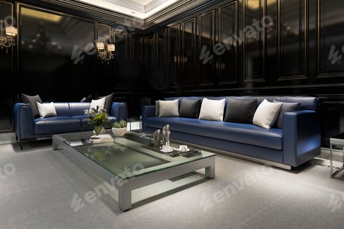 Preview: 3d rendering black hotel lounge with reflect classic wall design