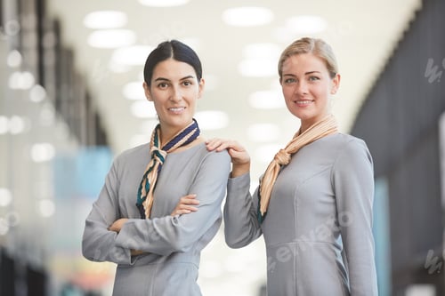 Preview: Two Smiling Flight Attendants in Airport