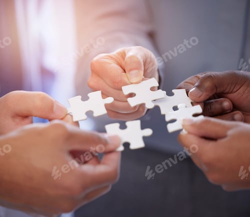 Preview: Business people, hands and teamwork with puzzle collaboration for problem solving, growth and devel