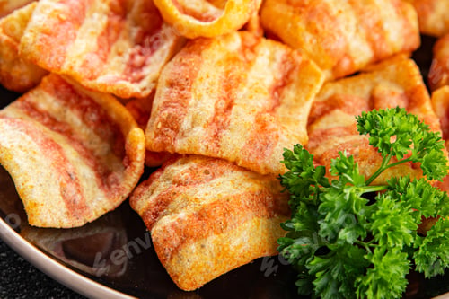 Preview: Chips bacon crispy rashers corn snacks fast food natural food fresh dish on the table