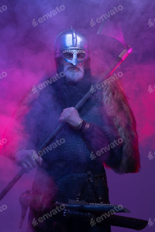 Preview: Mystical elder viking holding axe in smoke