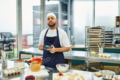 Preview: good looking african american chef in blue toque and apron working on dough and looking at camera