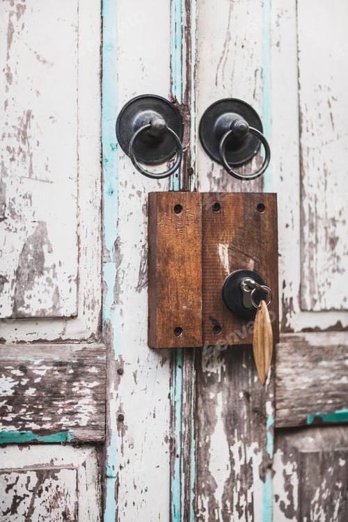 Preview: Vintage door locker on shabby door with key