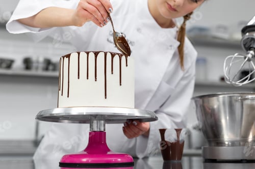 Preview: Pastry chef decorates the cake with chocolate streaks