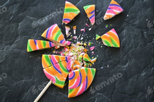 Preview: Smashed shattered colorful lollipop, dark background. Concept - childhood trauma abuse neglect