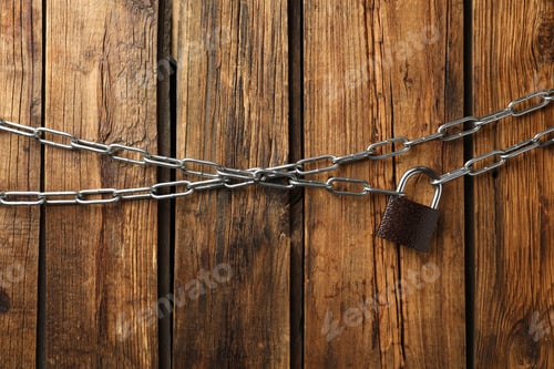 Preview: Steel padlock and chains on wooden background, flat lay. Safety concept