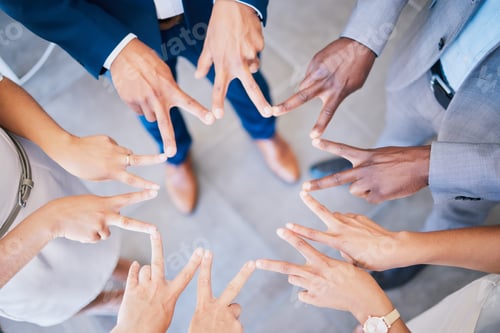 Preview: Group of colleagues peace sign hands together for victory, success and unity or teamwork, collabora