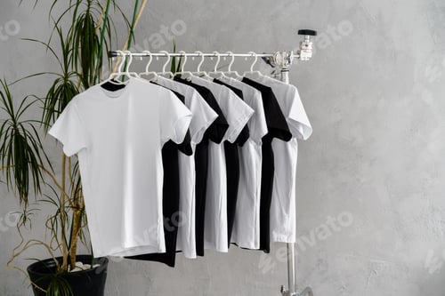 Preview: Row of black and white t-shirts hanging on rack
