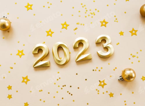 Preview: Greeting card - happy new year with numbers 2023, gold glitter and christmas balls