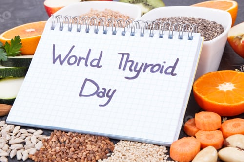 Preview: Nutritious ingredients and inscription World Thyroid Day. Healthy food containing vitamins