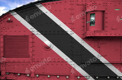 Preview: Trinidad and Tobago flag depicted on side part of military armored tank close up