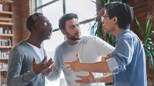 Preview: Emotional young guys having quarrel at office