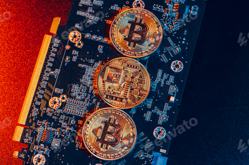 Preview: golden bitcoin and computer chip in background. creative photo