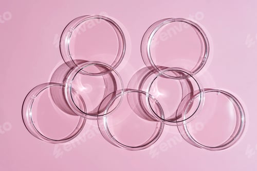 Preview: Empty petri dishes on pink background. top view and copy space. Concept laboratory tests research