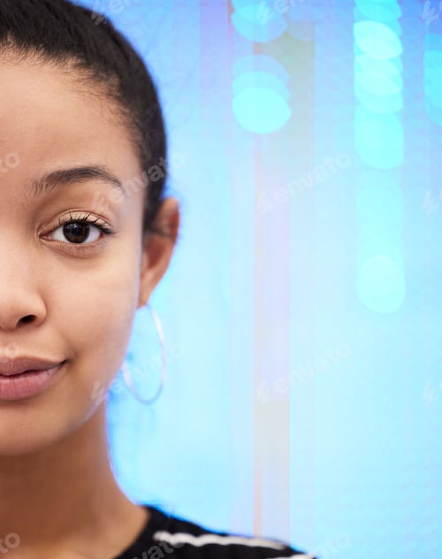 Preview: You are your own leader. Portrait of a beautiful young woman against a neon sequinned background.