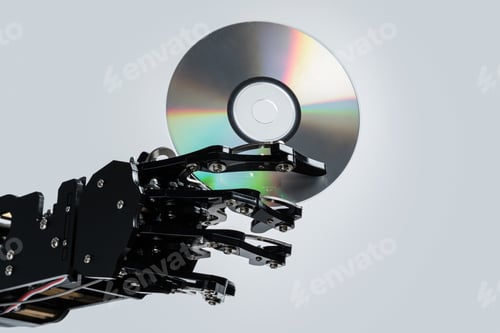 Preview: Real robotic hand with compact disc. Concepts of AI development and data storage