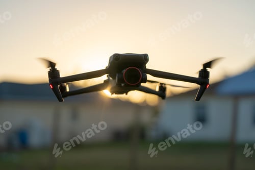 Preview: Drone quadcopter with digital camera and fast rotating propellers flying taking video and pictures