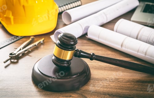 Preview: Construction and Labor law. Judge gavel and design tools on table