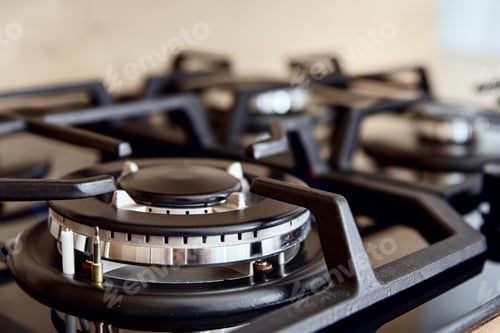 Preview: Gas stove with hob in kitchen, close up