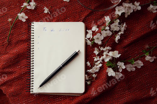 Preview: Time for tea, empty notebook, pen and cherry flowers on table