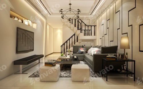 Aperçu: 3d rendering vintage warm tone wood living room near stair