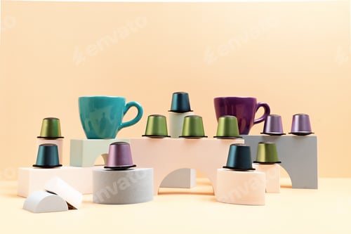 Preview: Disposable coffee capsules and cup over green background with copy space on podiums. Morning dose of