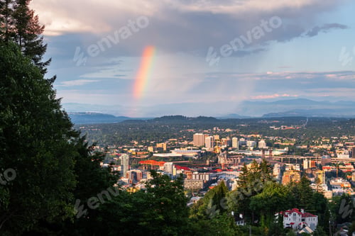 Preview: Portland, Oregon, USA downtown cityscape with a Rainbow