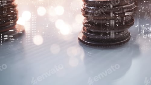 Preview: Double Exposure Of City View And Rows Of Coins For Finance , Money , Investment And Business