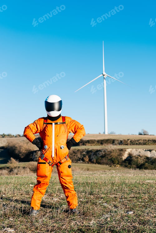Preview: Male in space suit standing on field against windmills at countryside
