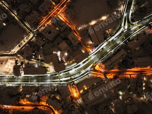Preview: Aerial photograph of the city of Zurich, Switzerland at night covered in snow