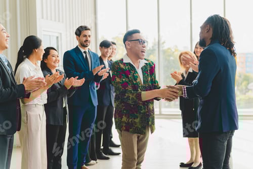 Preview: Celebrate victory to business success with colleagues. Business celebration party event with partner