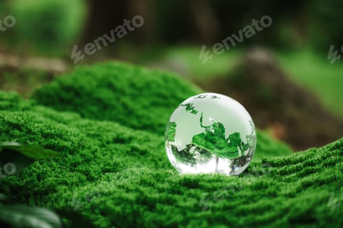 Preview: Crystal earth on green Moss. World Environment Day. renewable energy. Green business.