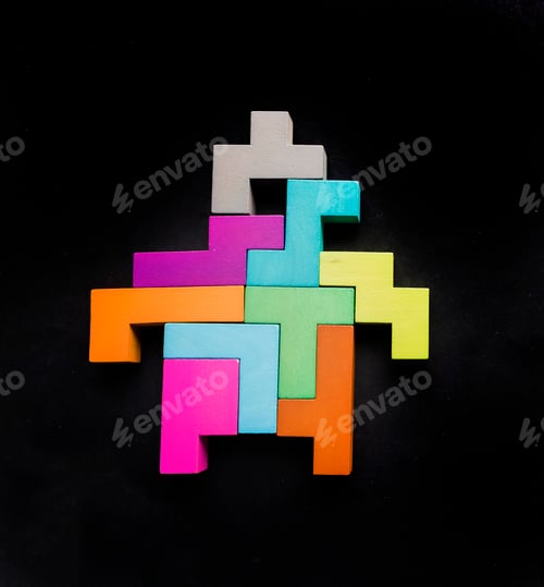 Preview: robot silhouette wooden blocks on black background. human