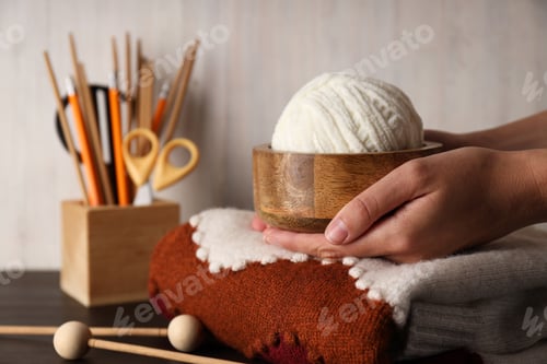 Preview: Concept of hobby, cozy winter and autumn hobby - knitting