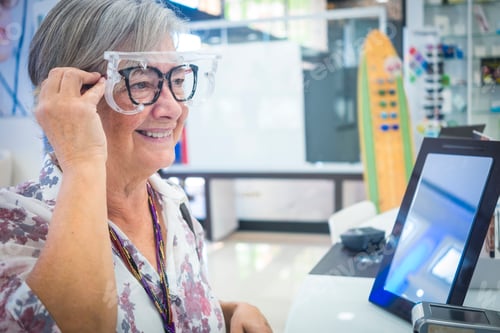 Preview: Senior woman enjoying shopping in the optical shop trying the new eyeglasses looking in the mirror