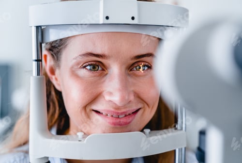 Preview: Close up front view photo of young smiling female patient undergoing sight ophthalmic check up