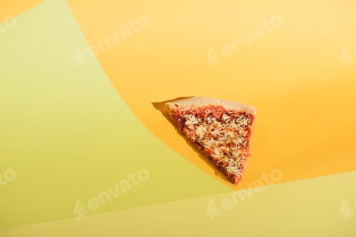 Preview: close up view of piece of italian pizza on colorful background