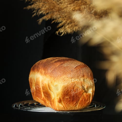Preview: Bread White Wholegrain Golden Fresh Wheat Baking. Food Background Top View Copy Space For Text