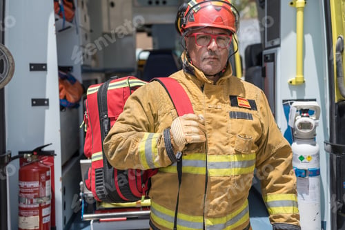 Preview: Firefighter carrying a first aid bag in the fire station garage next to the fire engine