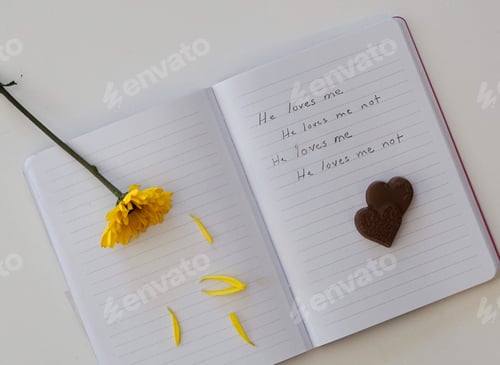 Preview: Open journal, he loves me he loves me not, flower and pedals