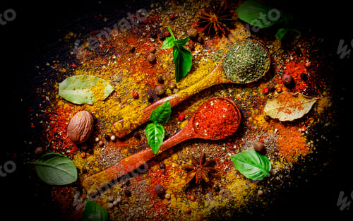 Preview: Oriental spices, food background, top view