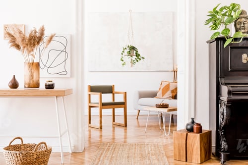 Preview: Stylish composition of creative cozy spacious apartment interior with grey sofa.