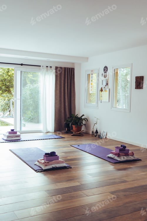 Preview: Empty yoga studio interior. Copy space. Vertical shot.