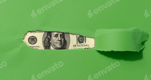 Preview: A green sheet of paper with a torn middle and a curled edge, a hundred dollar bill in the hole.