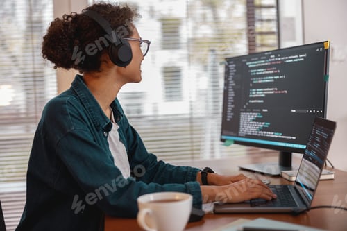 Preview: Freelancer female making new project as web designer and programmer on her computer at home