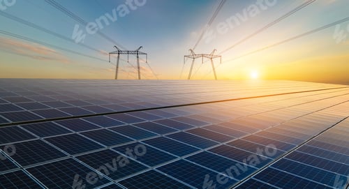 Preview: High voltage towers with electric power lines transfering energy from solar photovoltaic panels at
